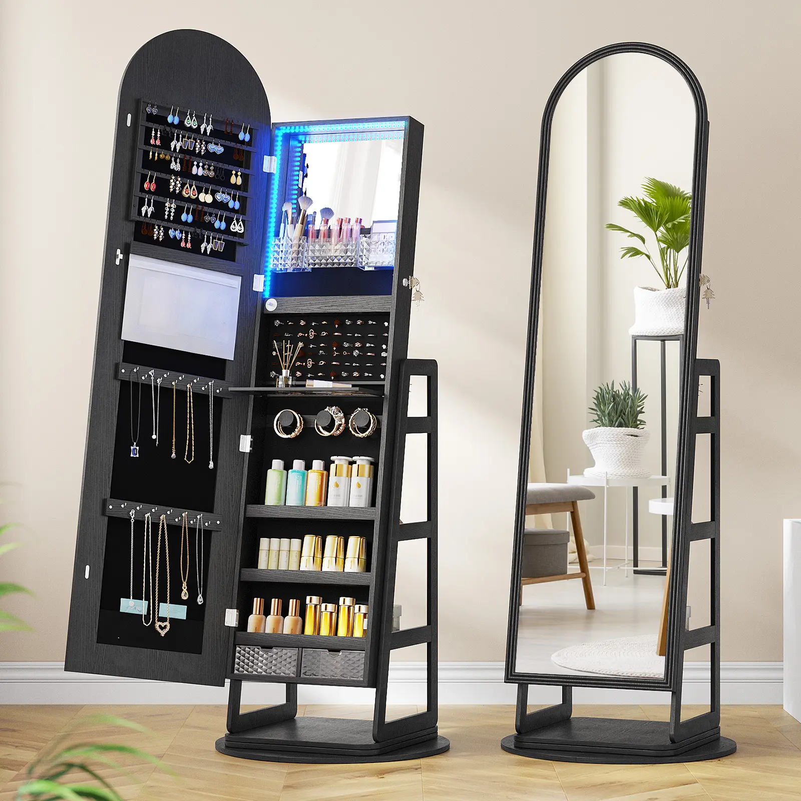Dystler Mirror Jewelry Cabinet with Storage, Arched Jewelry Armoire w/Full Length Mirror & 360° Swivel, Standing Jewelry Holder Organizer with Rear Storage Shelves & Hooks, Lockable