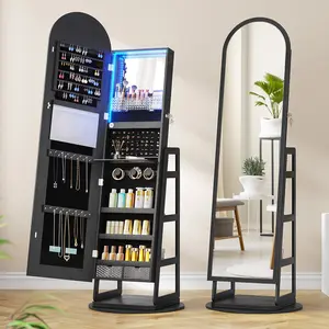 Dystler Mirror Jewelry Cabinet with Storage, Arched Jewelry Armoire w/Full Length Mirror & 360° Swivel, Standing Jewelry Holder Organizer with Rear Storage Shelves & Hooks, Lockable