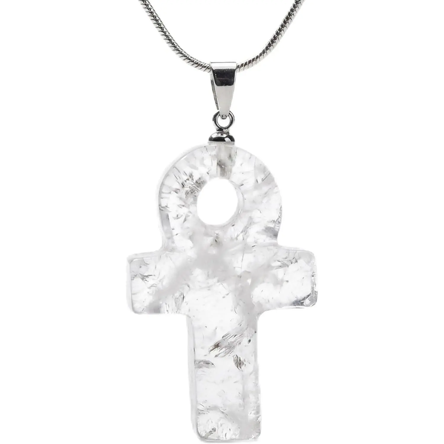 Clear Quartz Cross Ankh Pendant Necklace for Women Men, Healing Crystal Jewelry, Adjustable 18-20 Inch Silver Chain, Spiritual Gift