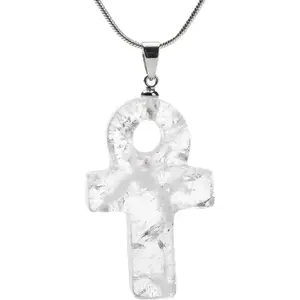 Clear Quartz Cross Ankh Pendant Necklace for Women Men, Healing Crystal Jewelry, Adjustable 18-20 Inch Silver Chain, Spiritual Gift