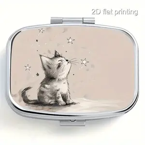 Star Cat Pattern Square Medicine Box, Two Compartment Pill Case, Vitamin Organizer, Mini Portable Travel Organizer, Pocket Wallet Bag Holder