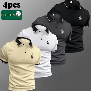 Men’s four-piece cotton polo shirt set with a buttoned collar, featuring distinctive trendy prints and slightly stretchy fabric; suitable for summer office wear (short sleeves). A perfect summer gift for a husband or boyfriend.