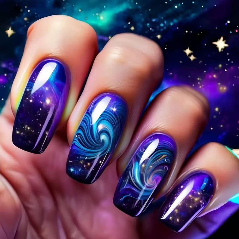 (216 Pieces) 9 Sets of Vibrant Press-On Nails - Mixed Colors, Floral, Cosmic, and Geometric Patterns, Medium Almond Shape, Glossy Surface - Diverse Styles, Fashionable Nail Art, Vibrant Nail Art | Pattern Embossing | Complex nail designs, nail accessories