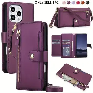 PU Faux Leather Wallet Case Compatible with for iphone 17 Air 16E 16 15 14 Plus 13 12 Mini 11 Pro X XS Max XR 8 7 Plus SE 5G 2022 2020 SE3 SE2, Kickstand Crossbody Zipper Mobile Phone Bag with Wrist Strap Cover Cellphone