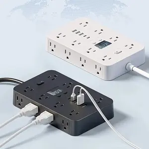 21-in-1 Flat Plug Power Strip, 16 AC Outlets, 2 Type-C Ports & 3 USB Charging Ports, Built-in Surge and Overload Protection, 45° Angled Space Saving Design, Multi-Port Power Extension for Home Office, Available in Black & White