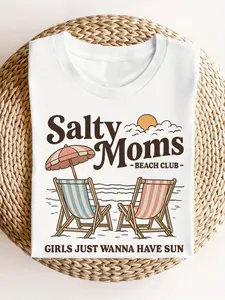 Summer Resort T-Shirt - Short Sleeve Beach Vacation Top with Landscape Print (Umbrella & Chair) - Casual & Festive Poolside Outfit - Machine Washable - Blouse