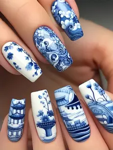 Chinoiserie Blue Porcelain Inspired 24Pcs Press-On Nails with Floral Patterns & Chinese Ceramic Art for Vintage Nail Art Enthusiasts