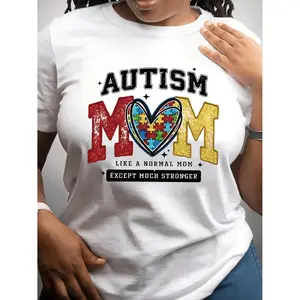 Women's Autism Mom T-Shirt - Autism Awareness Casual Round Neck Short Sleeve Top with Lettering, Semi-Sheer for - Casual Attire (Machine Washable)