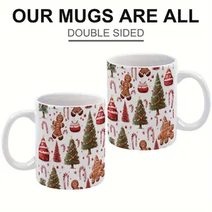 11oz Holiday-Themed Ceramic Coffee Mug Double-Sided Design with Gingerbread Christmas Trees Candy Canes Wide Mouth Cup for Home Camping Travel Set of Drinkware