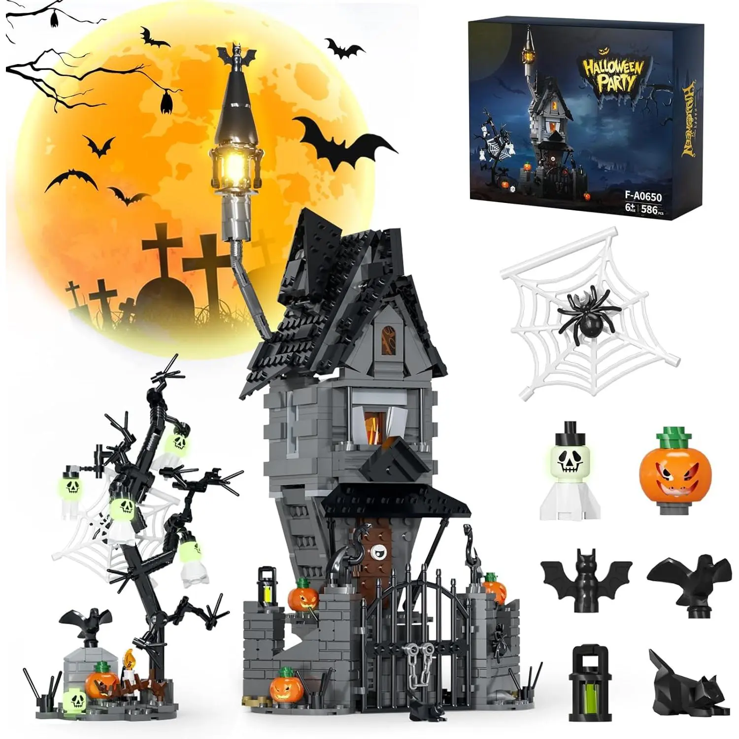 Halloween Haunted Mansion Building Set,Before Xmas Haunted House Building Blocks Set with Light, Glow-in-The-Dark Pumpkins and Skeleton Ghosts, Halloween Toys Gifts for Adults & Kids