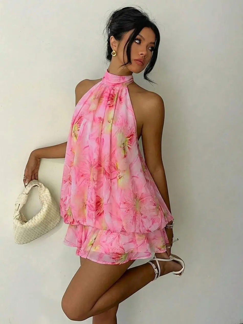 Women's Elegant Light Yellow Halter Tie Mini Dress,Beige Summer Party Dresses,Wedding Guest,,Night Out,Birthday,Sun Dress