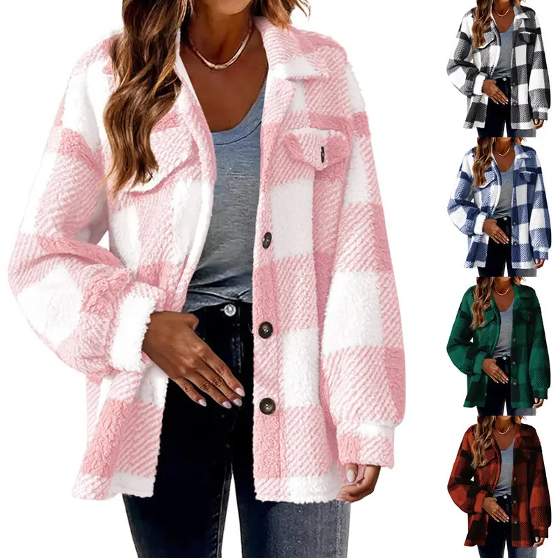 Lady's 2026 New Plaid Fuzzy Shacket - Long Sleeves Button-Down Lapel Collar Fleece Jacket, Loose Plush Everyday Coat with Chest Pockets, Casual Warm Fall Winter Outerwear (Multiple Colors)