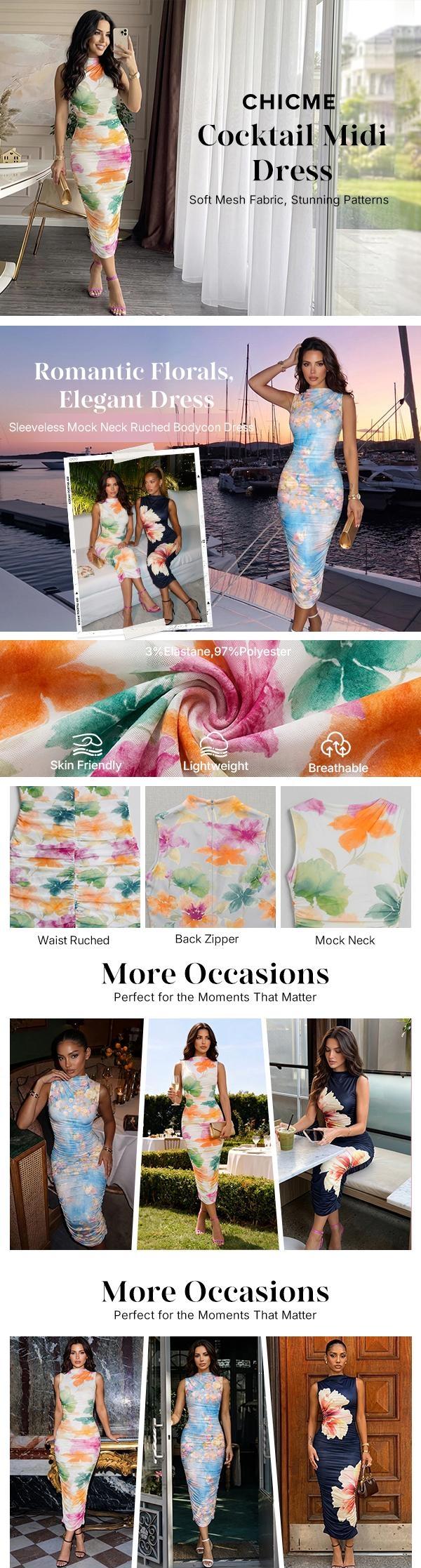 CHICME Women's Watercolor Floral Mesh Midi Dress Mock Neck Sleeveless Ruched Bodycon/Summer Dress
