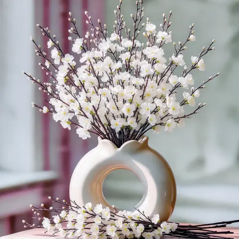 12/24Pcs Winter White Plum Silk Blossom Decorative Fake Flowers, 21.5" Long Stem Plastic Wintersweet, House Decor for Wedding Centerpieces, Gifts for Women (Vase Not Included)