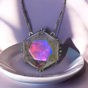 Aura Quartz Hexagon Statement Necklace - Handmade Jewelry - Crystal Necklace- One of A Kind