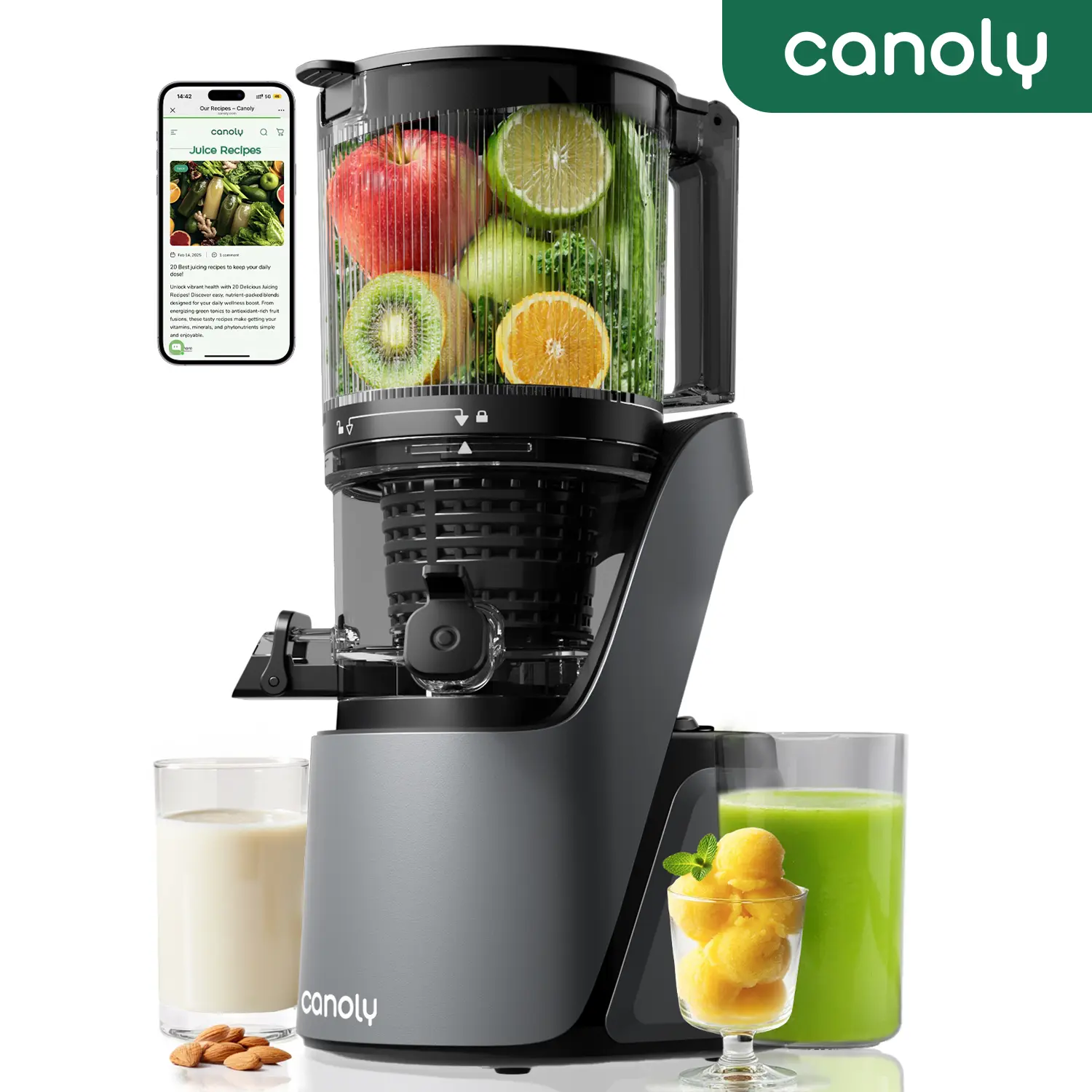 Canoly C16 3-in-1 Cold Press Multifunctional Fruit Vegetable Juicer - Quiet Masticating Countertop Model, 6" Wide Chute, Easy-Clean BPA-Free Home Appliance for Juice, Nut Milk, Multifunctional Juicer