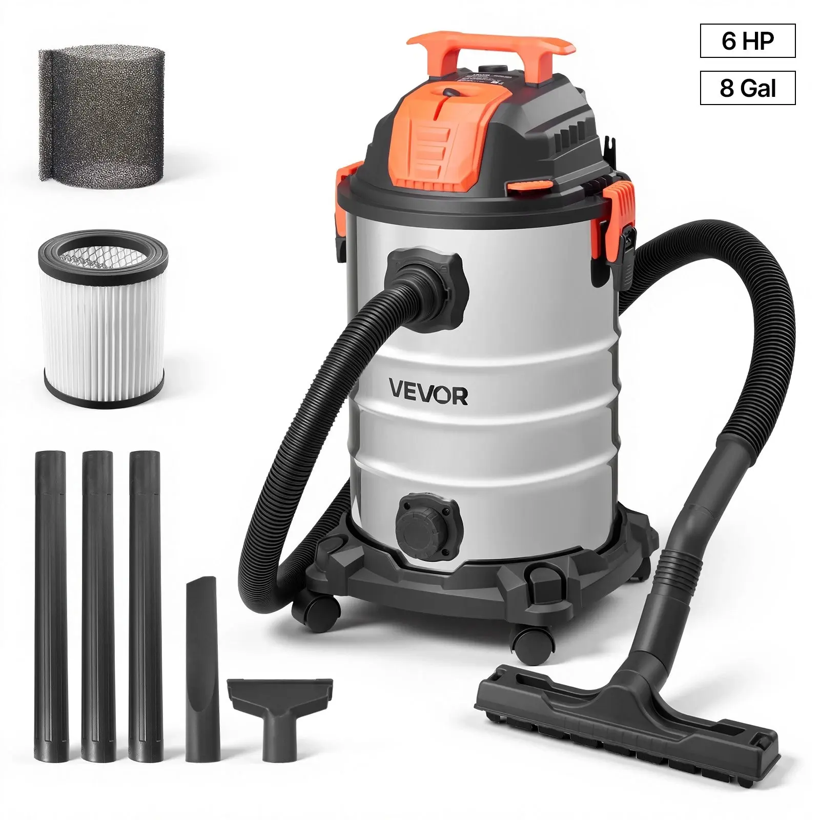 8-Gal Capacity Smart Wet Dry Shop Vacuum Cleaner - 6 HP, 900W High Power Corded Design 3-in-1 Standalone Vac, Self-Cleaning Metal Tank, 3 Vacuum Attachments, Cylindrical Filter for Jobsite & Indoor Cleaning, Car Interior Cleaning, Self-Clean Filter