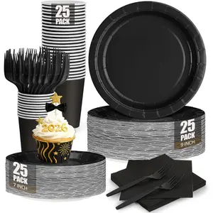 Black Paper Plates and Napkins, Disposable Black Party Plate Include 7&9INCH Plates Cups Napkins Forks Party Supplies for Father‘s Day, Graduations, Retirement, Birthday, Halloween for 25 Guests