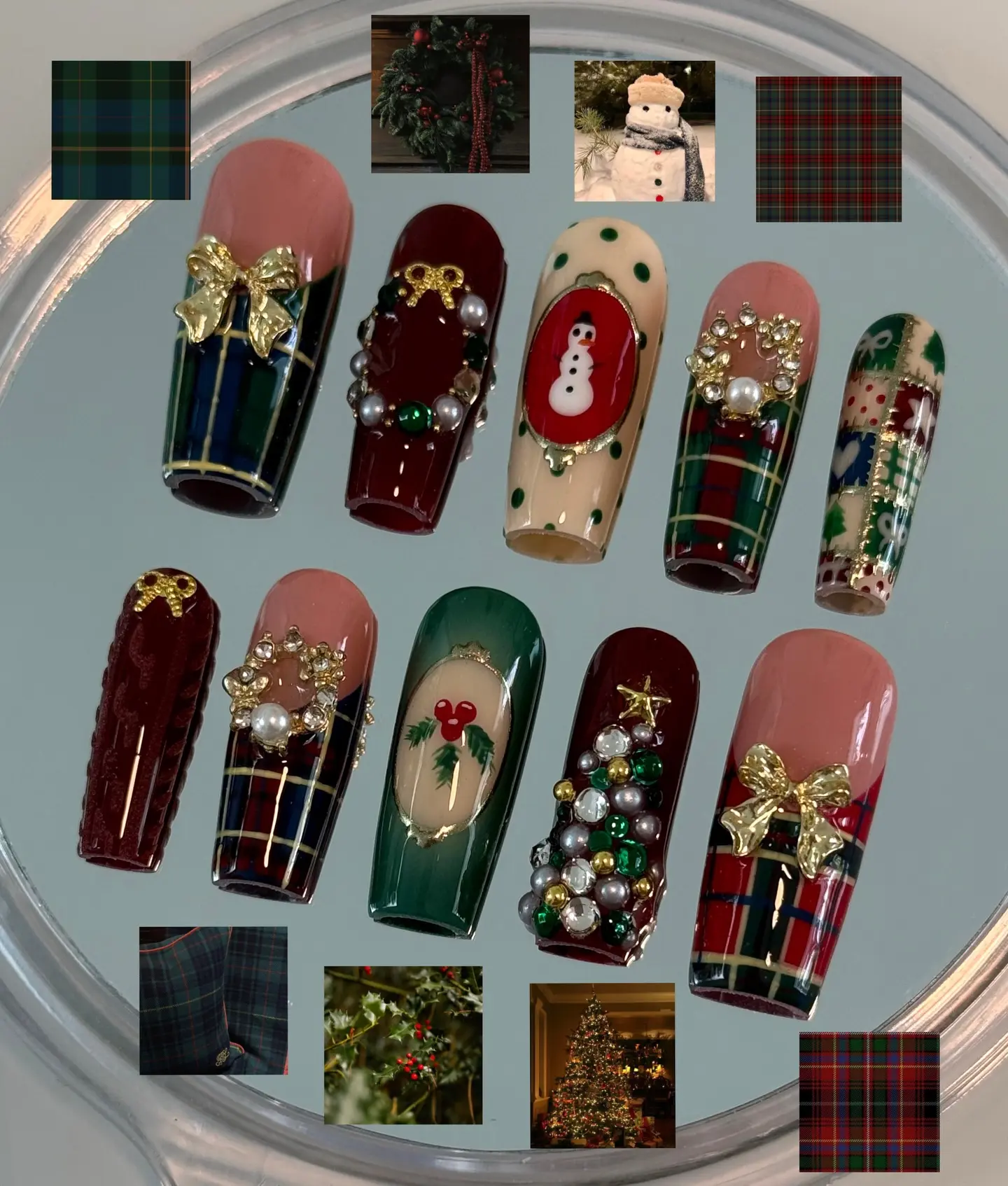 Ralpher OLaurena Inspired Christmas Press On Nails Handmade Tartan Plaid Pearl Bow Reusable Acrylic Gel False Nails | FREE Adhesive Tabs FREE Nail File FREE Cuticle Stick