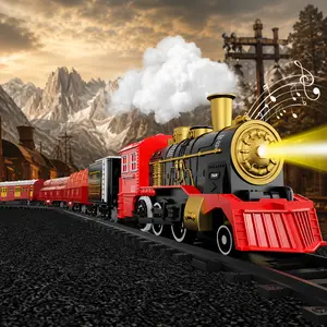 Children’s DIY assembleable electric train model toy: battery-powered locomotive with lights, sound effects, and a safe smoke effect; includes 6 cargo carriages and multi-section assembly tracks, an educational building set that develops hands-on skills