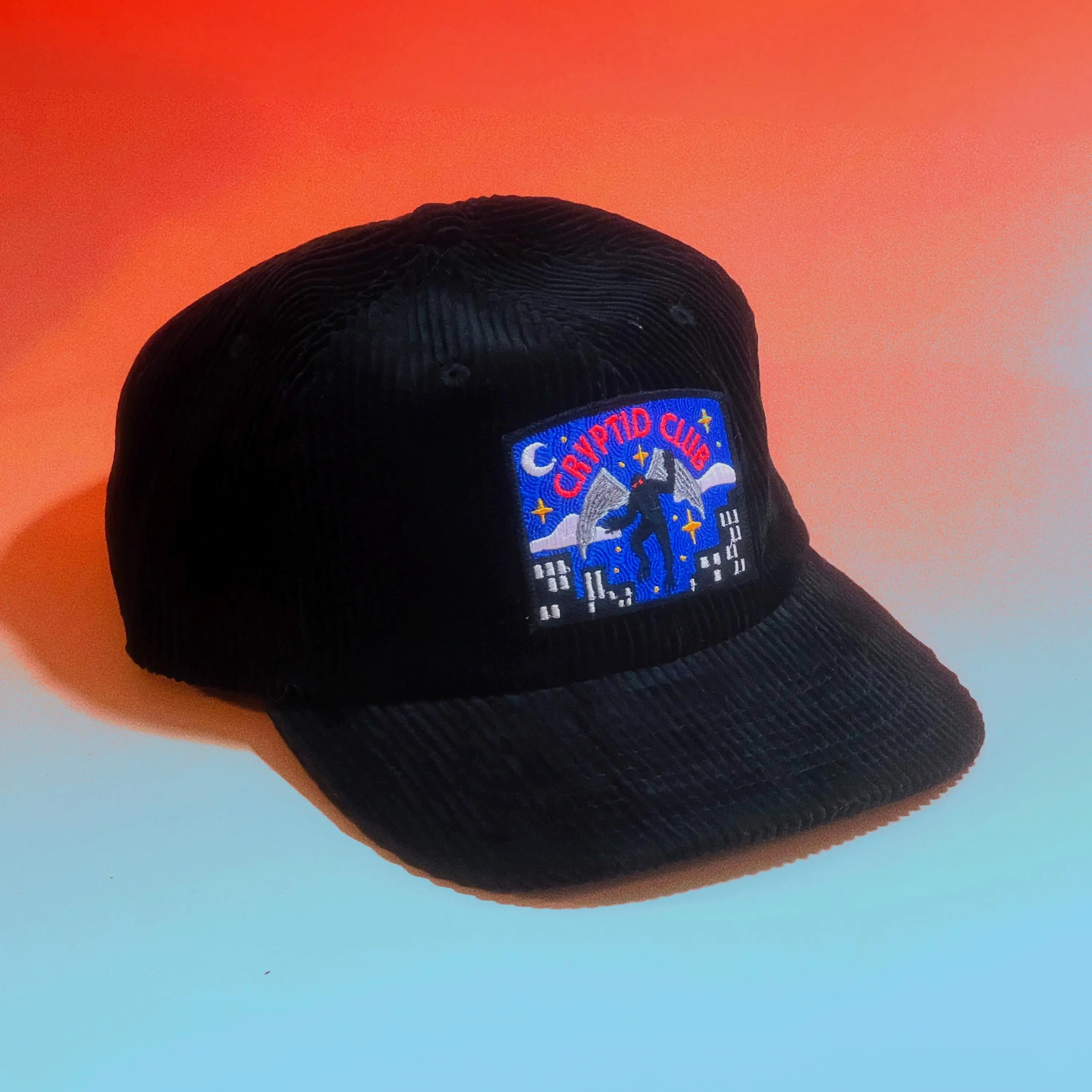 The Space Bureau Mothman Cryptid Club Corduroy Flat Hat, Adjustable Embroidered Snapback Cap, Mid-Weight Quality Cap for Casual Wear
