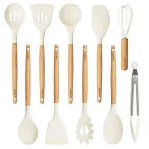 10-Piece Silicone Cooking Utensil Set with Wooden Handles – Heat-Resistant, Nonstick Kitchen Tools by Car0tee