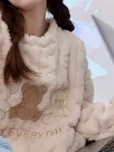 Cartoon Bear Print Pajama Set, Fuzzy Long Sleeve Top & Pants Pajama Set, Women's Sleepwear & Loungewear