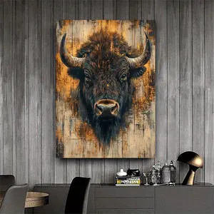 2D Flat 1 Piece Western Bison Wall Art with Frame, Realistic Bison Animal Painting, Rustic Wooden Texture, Hook for Easy Hanging, Perfect Home Decoration, Home Ornament |   Rustic Style Wall Art |   Durable Canvas, Bison Decoration, Home Decoration,