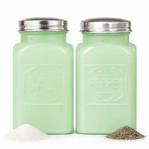 Jadeite Glass Salt and Pepper Shakers Set – Vintage Style Green Kitchen Decor – 4.5” Tall Retro Farmhouse Shakers with Stainless Steel Lids – 6oz Durable Glass Spice Dispensers