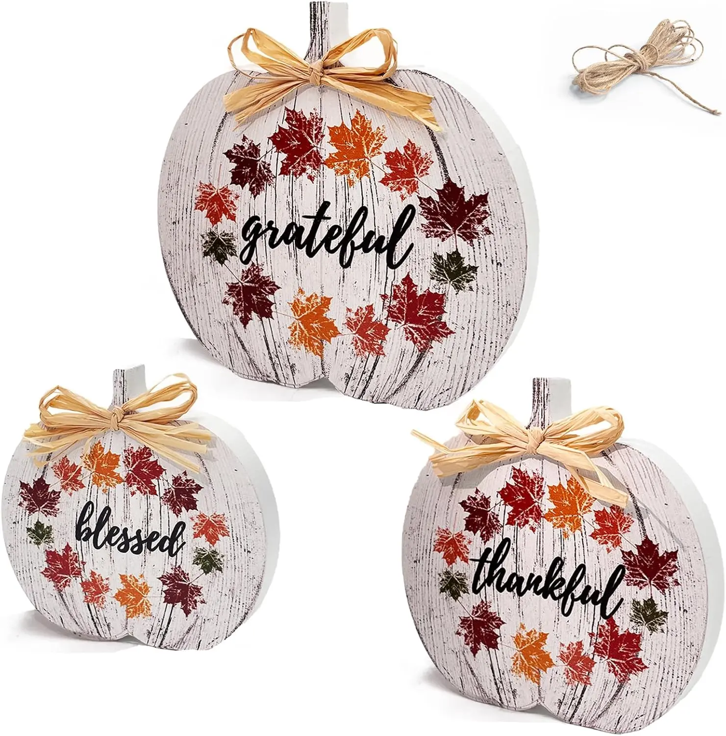 3 count Thanksgiving Fall Table Decorations Wooden Pumpkin with Fall Maple Leaves 3 Sizes Thanksgiving Blessed Grateful Thankful Autumn Table Signs for Farmhouse Living Room Harvest,  Office