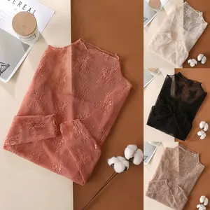 Women O Neck Sheer Tees Body Crop Top  Floral Lace T-Shirt Top Breathable Mock Neck Long Top Sleeve Pullover