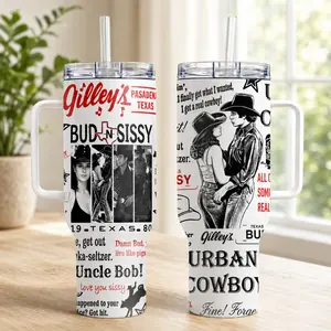 Urban Cowboy Inspired Tumbler 40oz 30oz, Bud And Sissy Western Movie Fan Cup, Gilley’s Pasadena Texas Country Romance Drinkware, Cowgirl Gift, Not Including The Straw Water Bottles