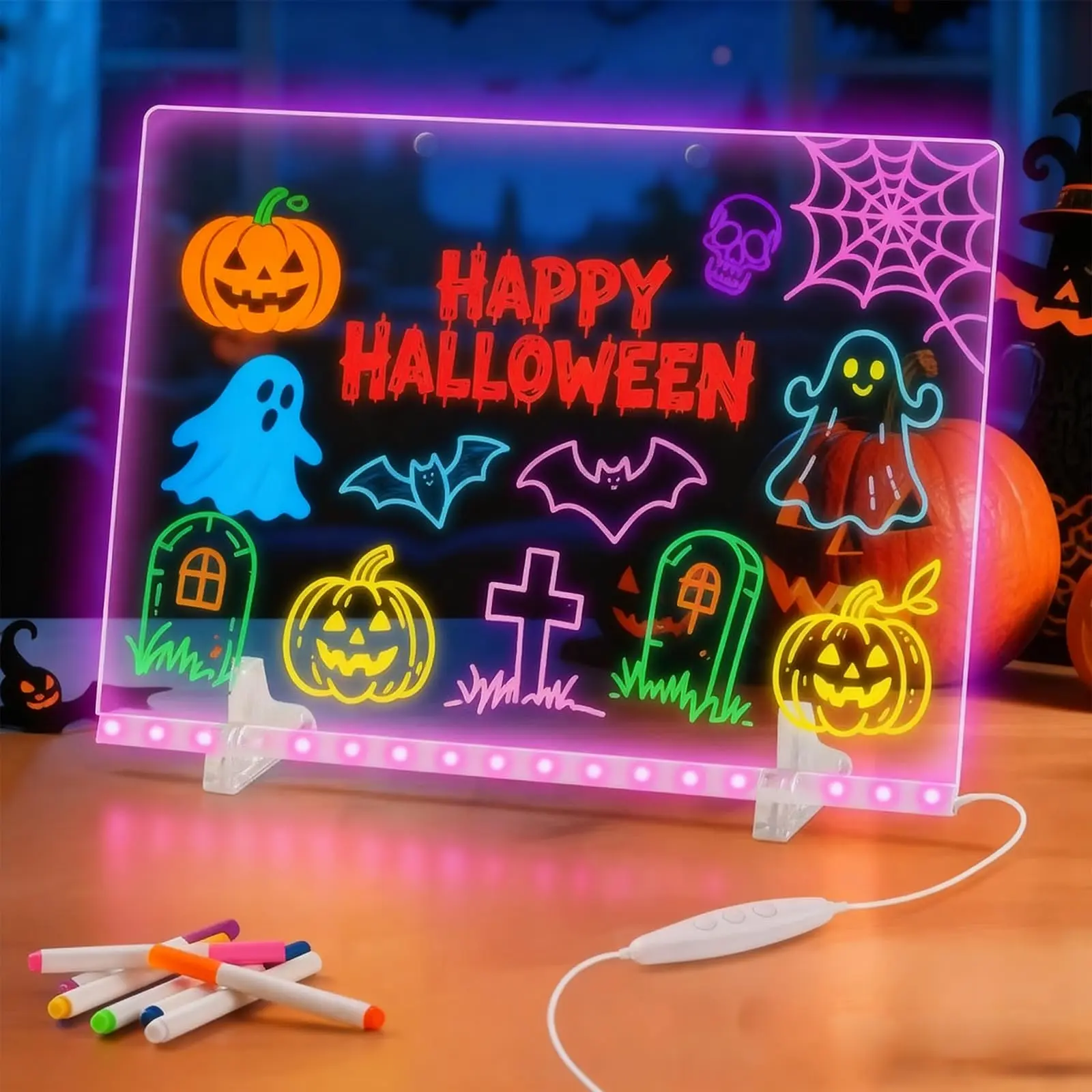 13.7"x10" LED Light Up Drawing Board for Kids, Acrylic Dry Erase Message Board with 12 Fluorescent Markers, 7 Colors & 3 Lighting Modes, Portable Glow Memo Pad for Back to School, Home, Office & Decor