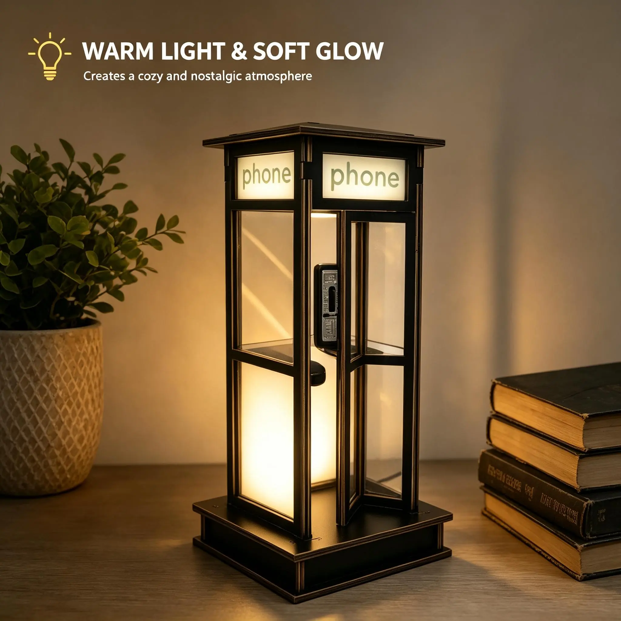 Retro Wooden Phone Booth USB Table Lamp, Handmade Warm Light Home Decor Ornament, Vintage Night Lamp Gift for Home Supplies Enthusiasts