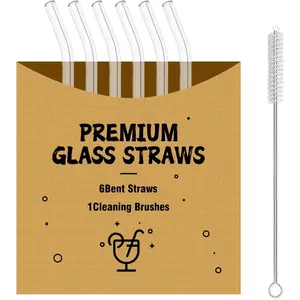 Glass Straws for 16 oz Glass Cups, 6 Pack Bent Clear Drinking Straws with Cleaning Brush, Dishwasher Safe for Iced Coffee, Smoothies and