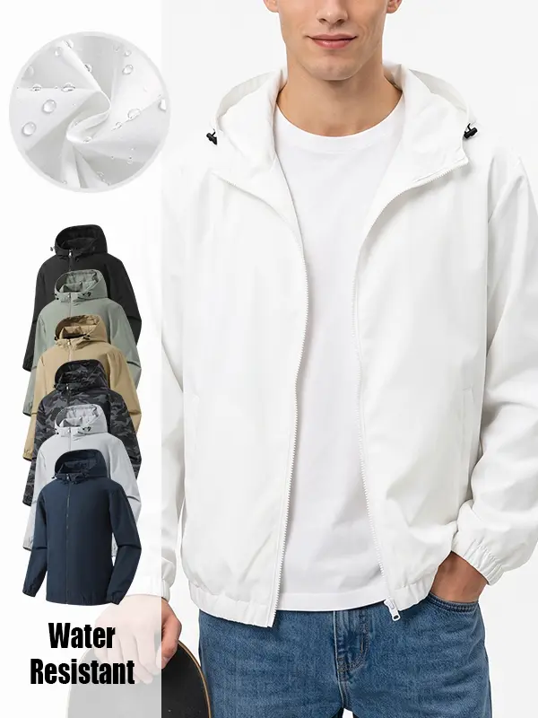 Men's and women's solid color lightweight hooded zipper rain jacket - waterproof, windproof, moisture absorbing, breathable, quick drying, not bulky, easy to layer sportswear, suitable for daily commuting, gym and outdoor activities