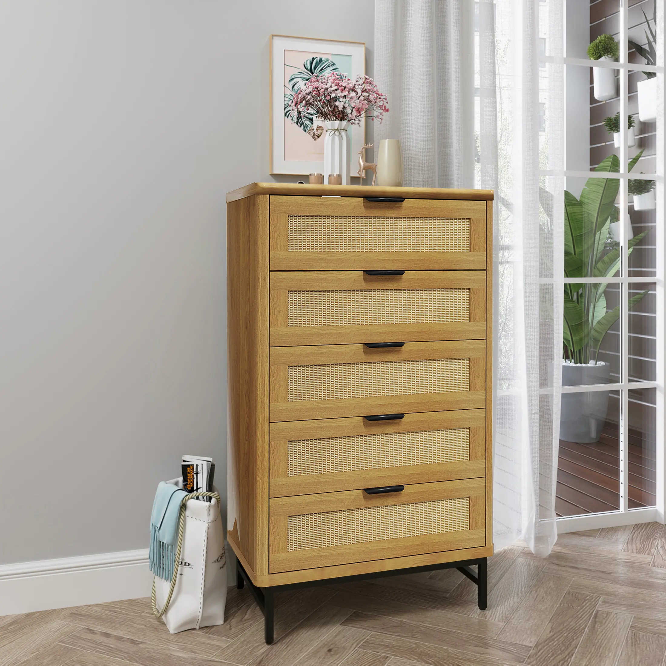 5-Drawer Wicker Storage Tower - Thick Sturdy Stylish Wooden Cabinet, Space Saving Bedroom Dresser Organizer with Drawers for Bedroom, Ideal for Living Room, Space Saving Cabinet