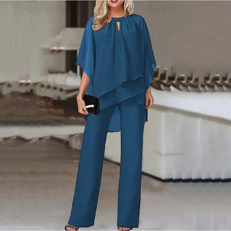 Mother of Bride Pant Suits Plus Size Half Sleeve 2 Piece Chiffon Pantsuit Formal Wedding Guest Outfit