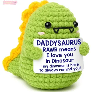 Handmade Crochet Emotional Support Dinosaur Daddysaurus Funny Pun Card Mini Fathers Day Gift For Dad From Daughter Son Aesthetic Desk Decor Meaningful Knitted Keepsake Present summerwins