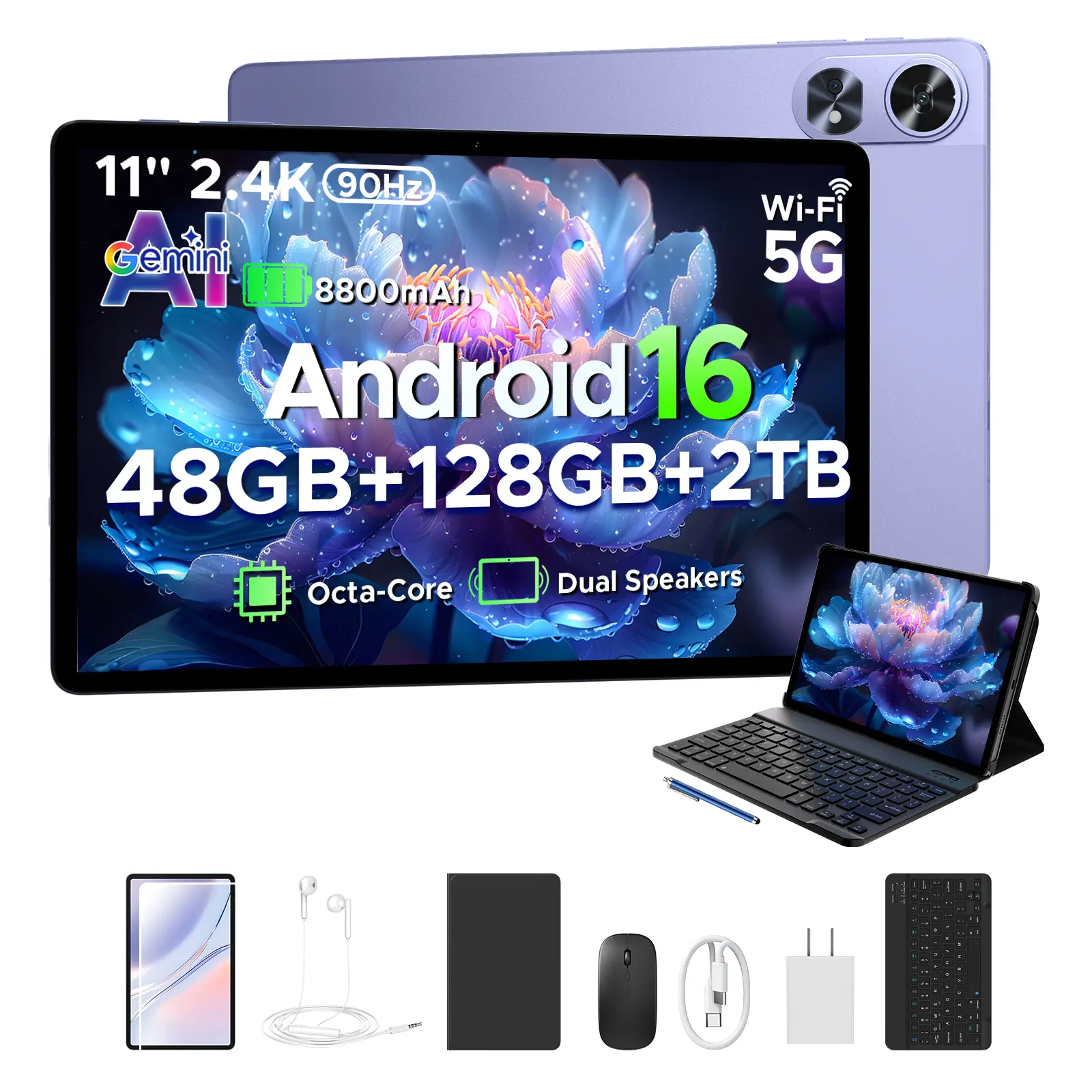 AP11/P11 Android 16 Tablet with Gemini AI, 11 Inch 2.4K 90Hz Display, 48GB RAM + 128GB ROM/2TB Expandable, Octa-Core Processor, 8800mAh Battery, 13MP Camera, 5G WiFi, Tablet with Keyboard, Mouse & Stylus Charging Smartphone Cellphone