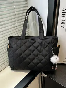 New Fashion Large Capacity Diamond Pattern Dual Handle Tote Bag, Lightweight Portable Women's Shoulder Bag with Animal Charm