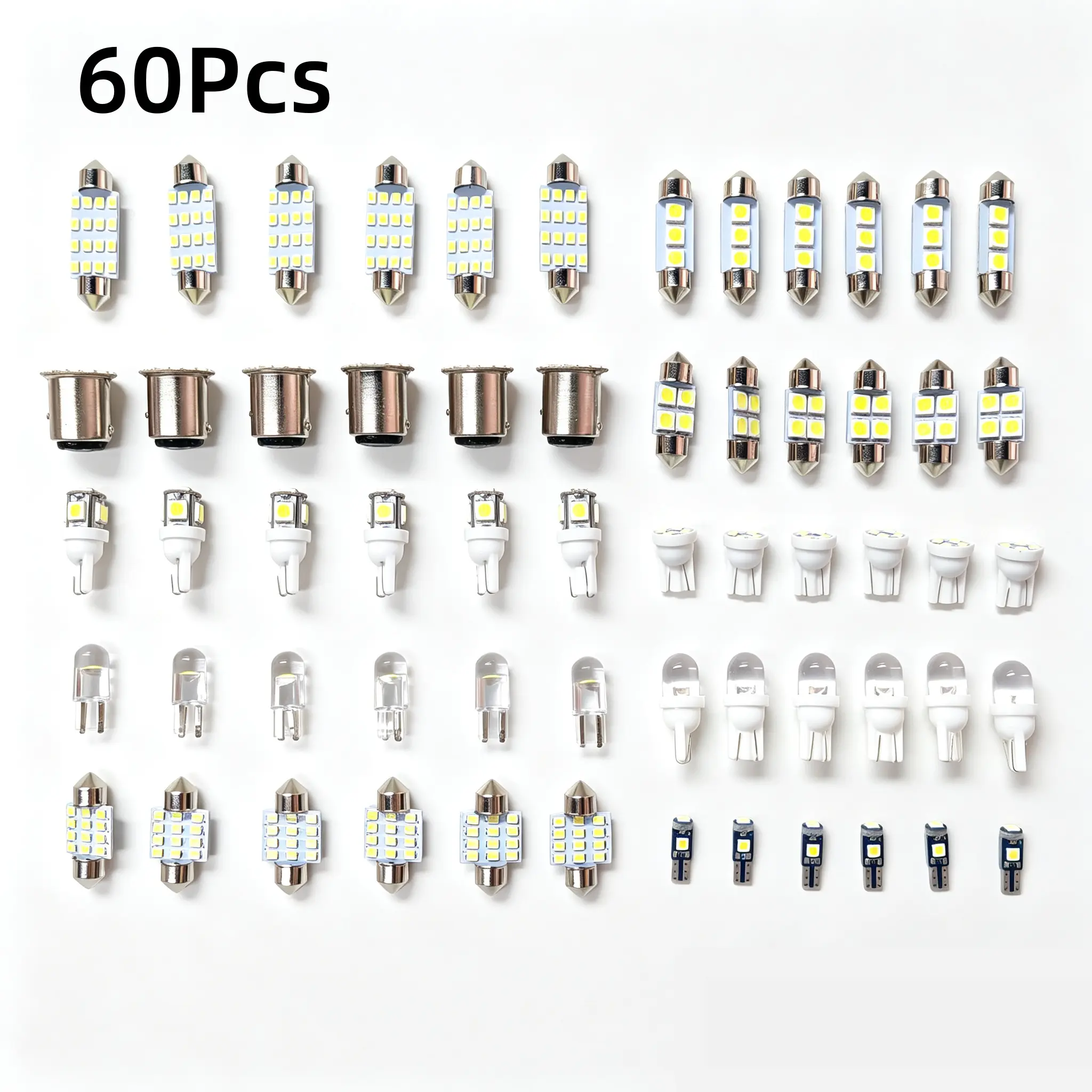 60Pcs LED Interior Light Bulb Kit, 10 Types DC12V 6000K White Canbus Error Free LED Replacement Bulbs, Fit Car Pickup Truck SUV RV Dome Map Trunk License Plate Lights