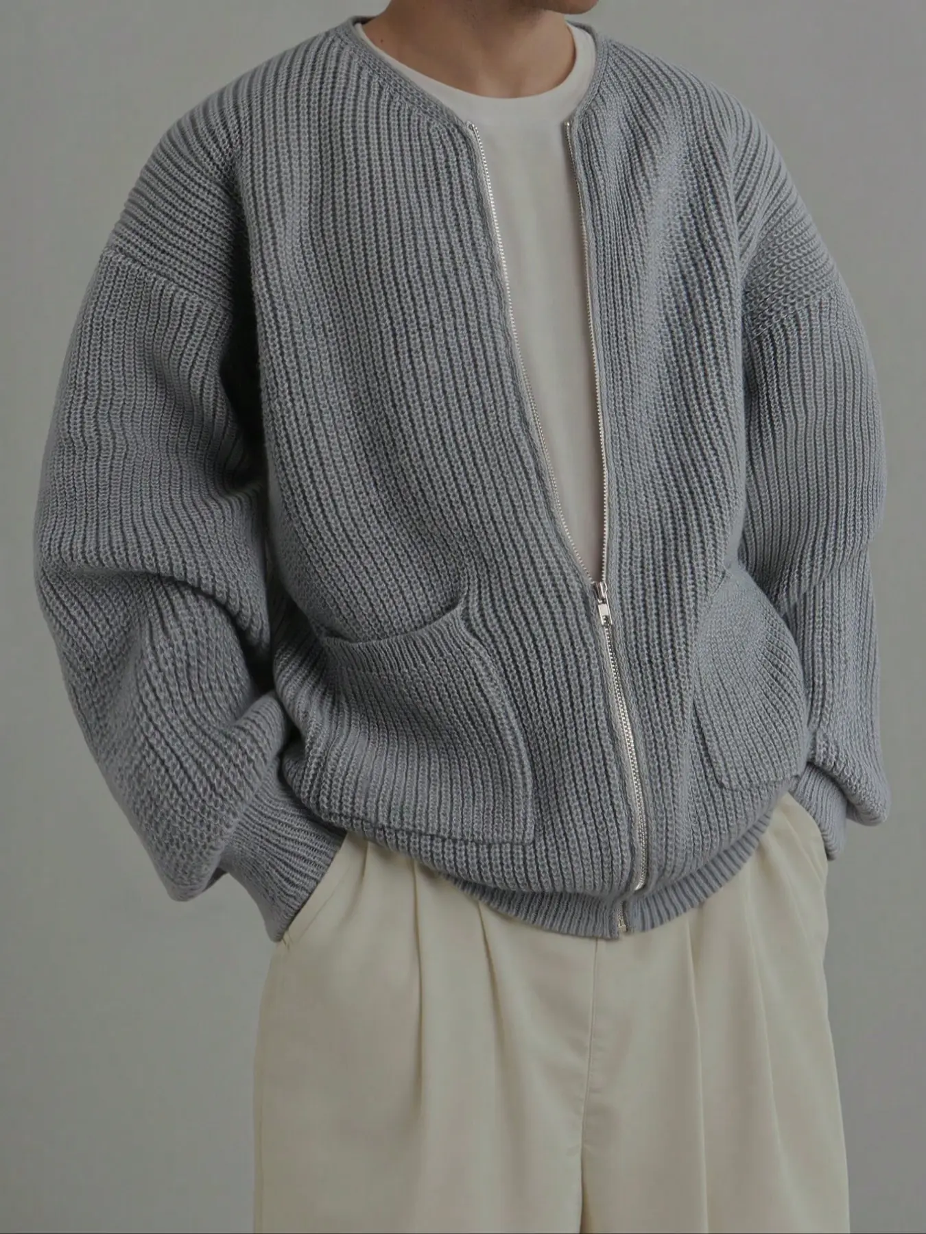 Spring Autumn Winter Men Knitwear Zipper Knit Cardigan Sweater Loose Casual Lazy Simple Versatile Shoulder Pure Color Outerwear Coat