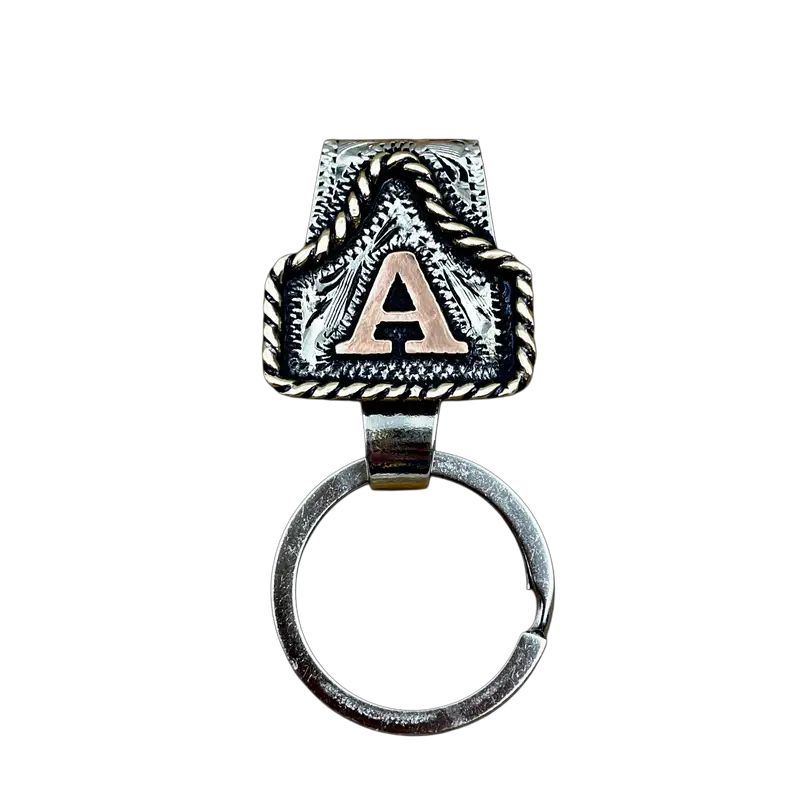 Handmade Cow Tag Belt Key Holder with Copper Initial. Custom Made. Texas-Based. Fashion Jewelry Accessories