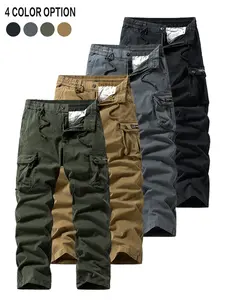 Men’s washed pure cotton tactical cargo pants with multiple pockets, elastic waistband with buckle, and side pocket design; straight-leg work pants with a durable, retro style, suitable for hiking, camping, and everyday casual wear.