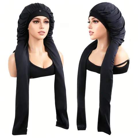 Women's Solid Black Adjustable Satin Bonnet for Long Hair - Haircare, Daily, Heatless Adults' Head Wrap with Elastic Fit, Smooth, Friction-Free, Lightweight, UV-Blocking Sun Protection, Long Hair Preservation