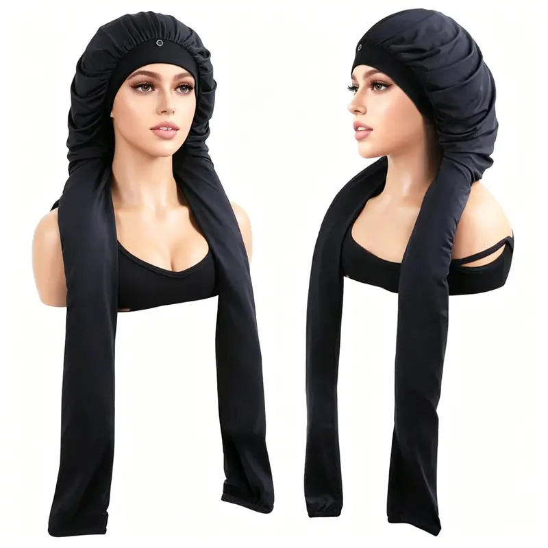 Women's Solid Black Adjustable Satin Bonnet for Long Hair - Haircare, Daily, Heatless Adults' Head Wrap with Elastic Fit, Smooth, Friction-Free, Lightweight, UV-Blocking Sun Protection, Long Hair Preservation