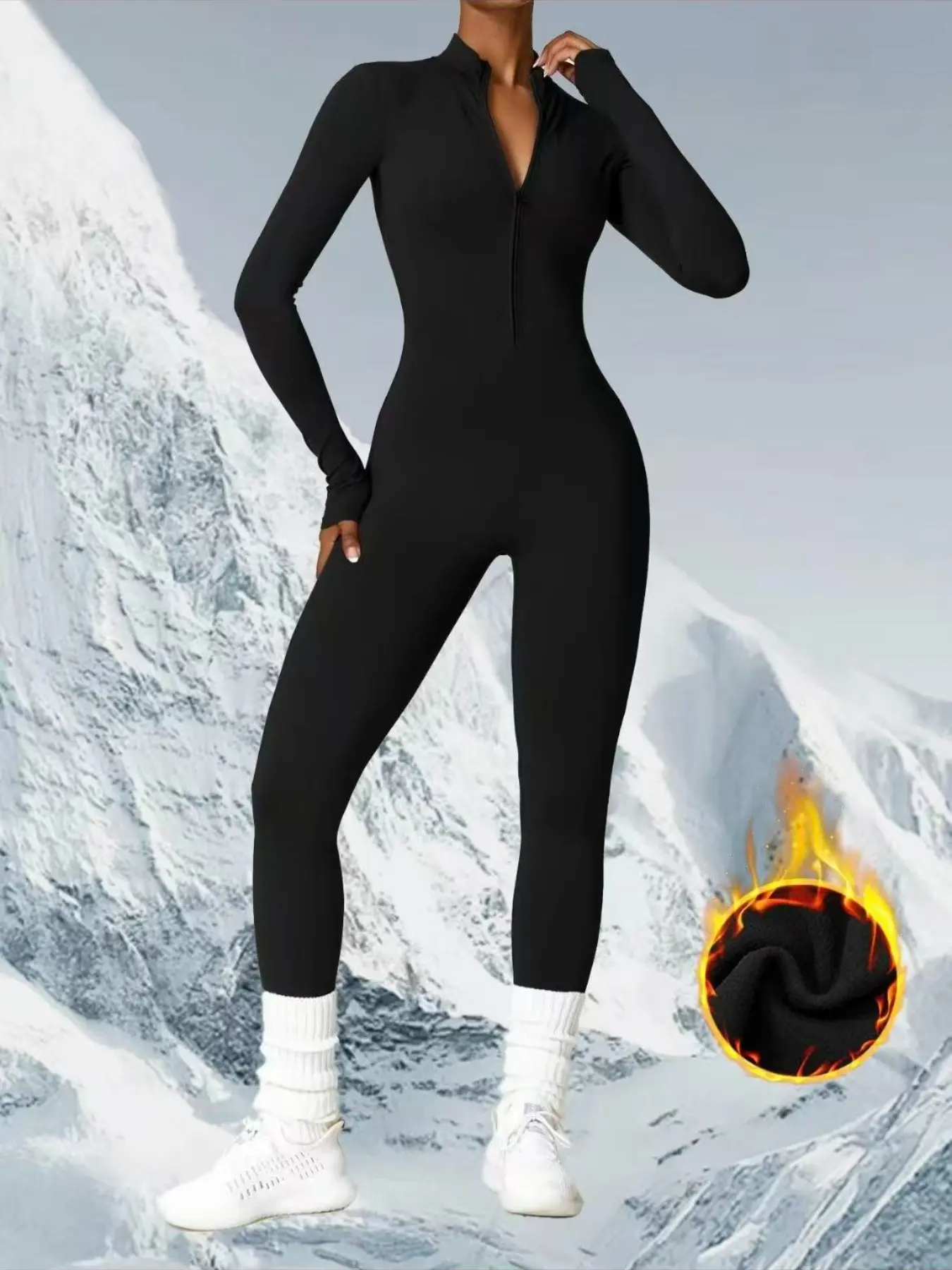 Women's Solid Zip Up Skiing Jumpsuit, Casual Sporty Long Sleeve thermal Quick-Dry Jumpsuit for Skiing Cycling, Ladies Sportswear for Fall & Winter, Quick Drying Jumpsuit, Stretchable Activewear, 3D Structural Seam Design