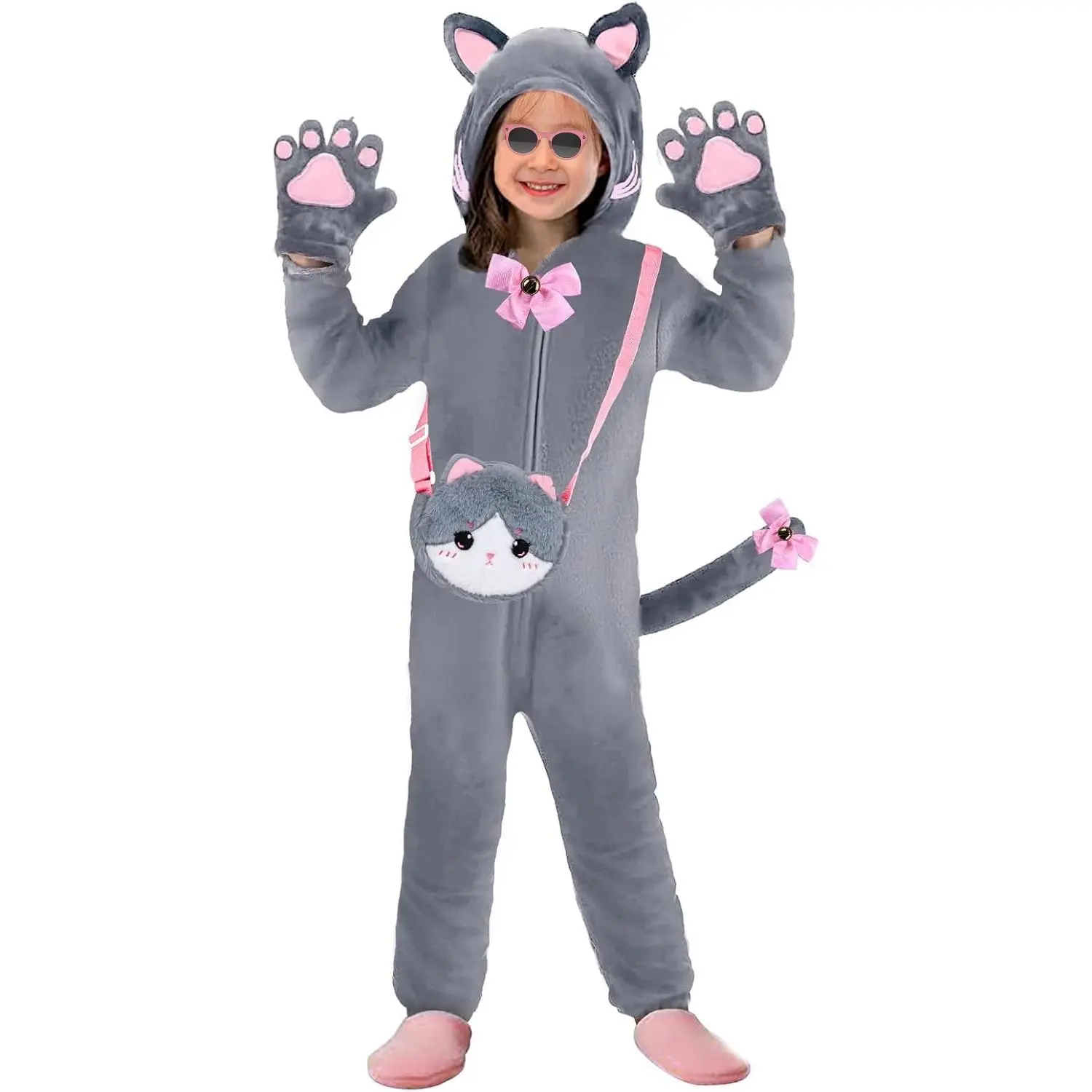 GJ F-CPA07 Girls' Cartoon Flannel Halloween Cat Onesie Costume (7-8 Years) - Full Length, Adjustable Fit, Pink Cat Ears, Tail, Paws, Bow, Matching Bag, Breathable Party Gift