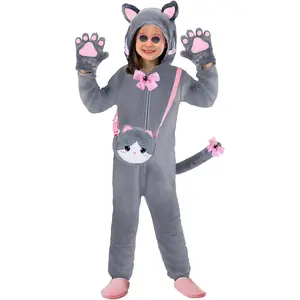 GJ  F-CPA07  Halloween Cat Costume for Girls, Kids Onesie Costume with Pink Cat Ears, Tail, Paws, Bow Ties and Purse Bag, Gifts for Halloween, Birthday or Any Occasion (7-8Years)